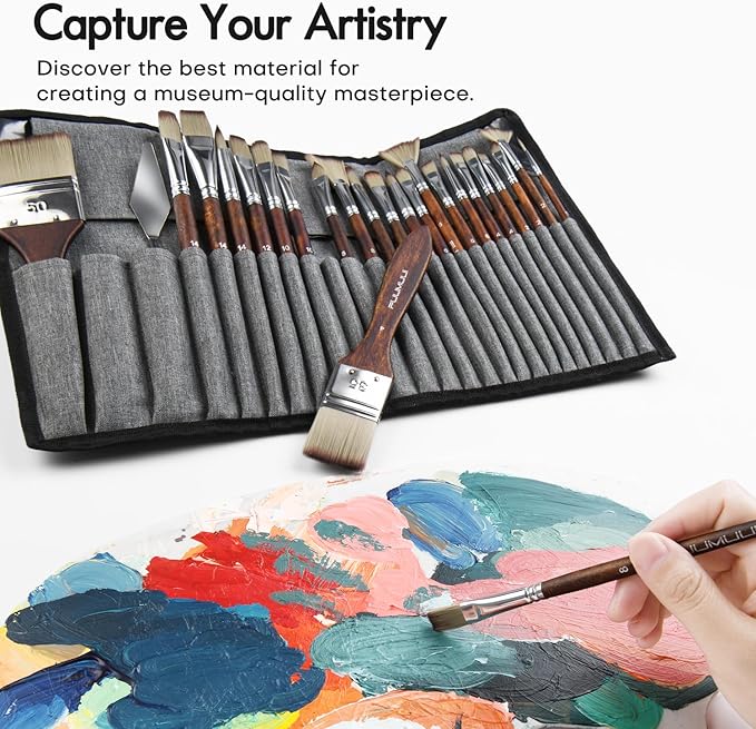 25pcs Paint Brush Set, Fuumuui Acrylic Paint Brushes, Professional Artist Series with Wide Flat, Filbert, Fan, Dagger, Cat Tongue, Round, Angle, Rigger for Oil, Acrylic Canvas Paintings, Face Painting