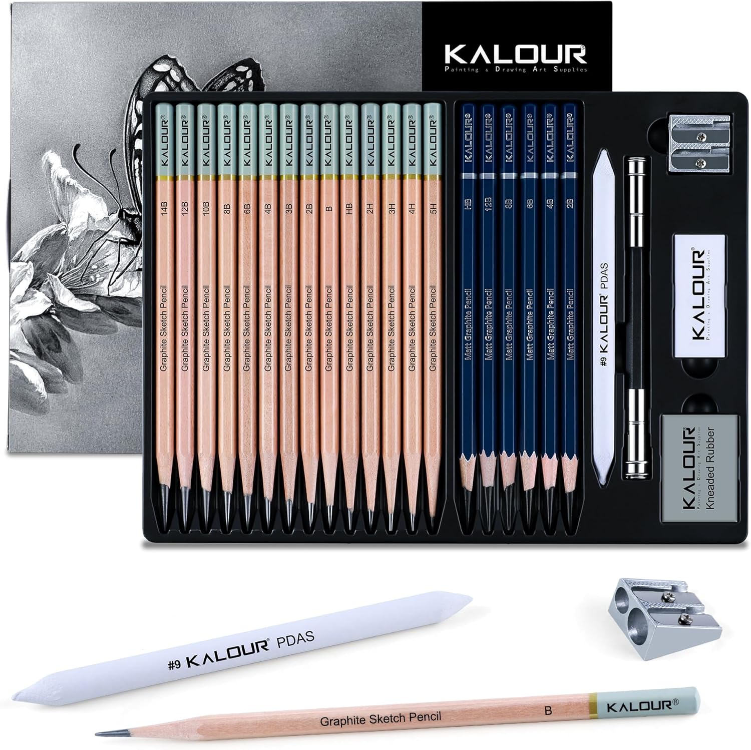 KALOUR 25-Piece Professional Sketch Pencil Set with Matte and Regular Pencils - Includes Vinyl Eraser, Kneaded Eraser, Sharpener, Pencil Extender and Blending Stump - Ideal for Artists and Beginners