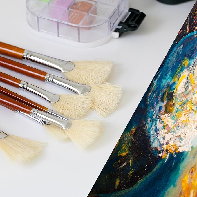 DUGATO Artist Fan Paint Brush Set of 9, White Hog Bristle Natural Hair Anti-Shedding Brush Tips, Long Wooden Handle for Comfortable Holding, Great for Acrylic Watercolor Oil Painting