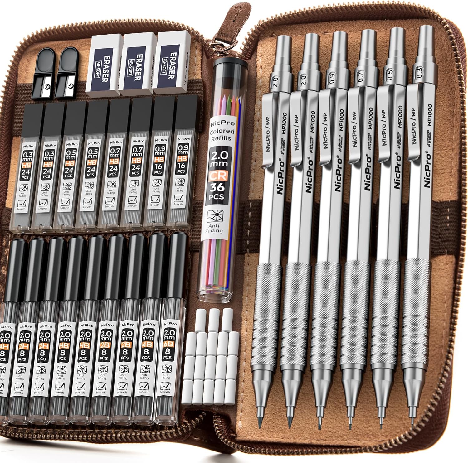 Nicpro 33PCS Metal Mechanical Pencil Set in Leather Case, Art Drafting Pencil 0.3, 0.5, 0.7, 0.9 mm, 2mm Lead Pencil Holders for Sketching Drawing With 18 Tube (6B 4B 2B HB 2H 4H Colors) Lead Refills