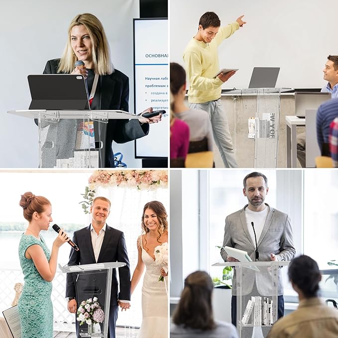 Acrylic Podium Stand，49“ Tall Portable Podium with Lockable Wheels, Clear lecterns & Podium with Storage Shelf for Classroom, Pulpit Podium for Church,Wedding,Presentation