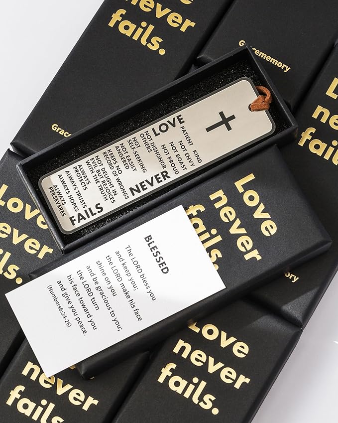 Christian Bookmarks, Metal Bible Bookmark for Men Women Readers Book Lover, Christmas Gift, Giveaways for Sunday School, Christmas Gifts for Members of Church. (Love Never Fails)