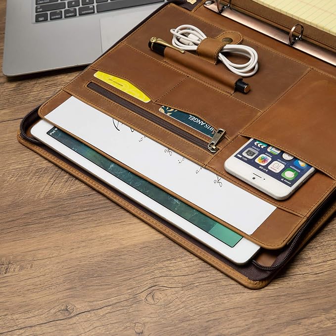 YIWEN Handmade Crazy-Horse Leather 3 Ring Binder Portfolio Padfolio Folder with Zipper for Men and Women, Business Organizer for Letter A4 Size for Meeting and Travel (Custom Engraved, Brown)