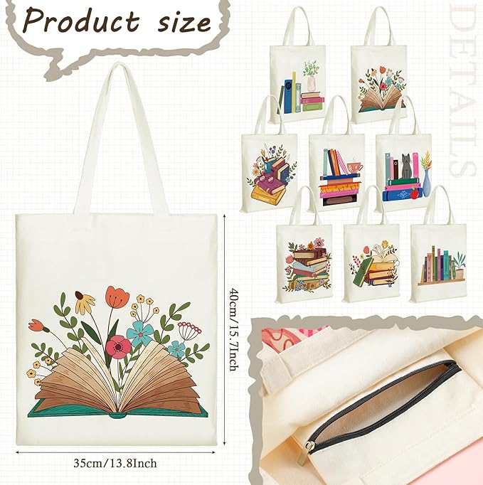 Sweetude 8 Pack Christmas Book Club Gifts Book Lovers Tote Bag Bulk Bookish Canvas bag Librarian Readers Gifts for Women(Book)