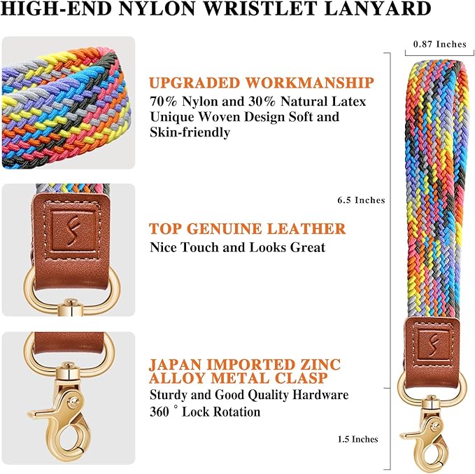 Fishent Stretchy Wristlet Keychain,Braided Cute Wrist Lanyards for Keys, Key Chain Holder for Women Men, Wrist Strap Keychain for Car Keys Phone Camera Wallet ID Badges Card (Colorful Pink)