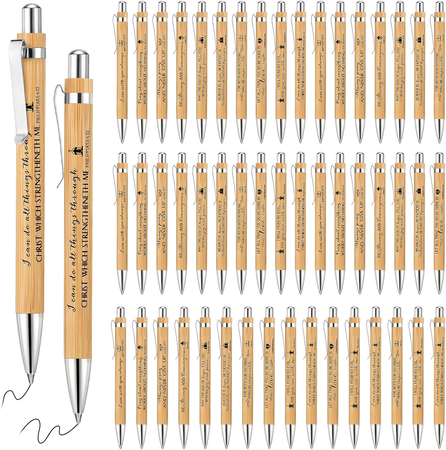 50 Pack Bible Verse Bamboo Retractable Ballpoint Pens Christian Inspirational Bible Verse Ballpoint with Black Ink Pen for Journal Writing Office Supplies Religious Gifts for Men Women(Classic Color)