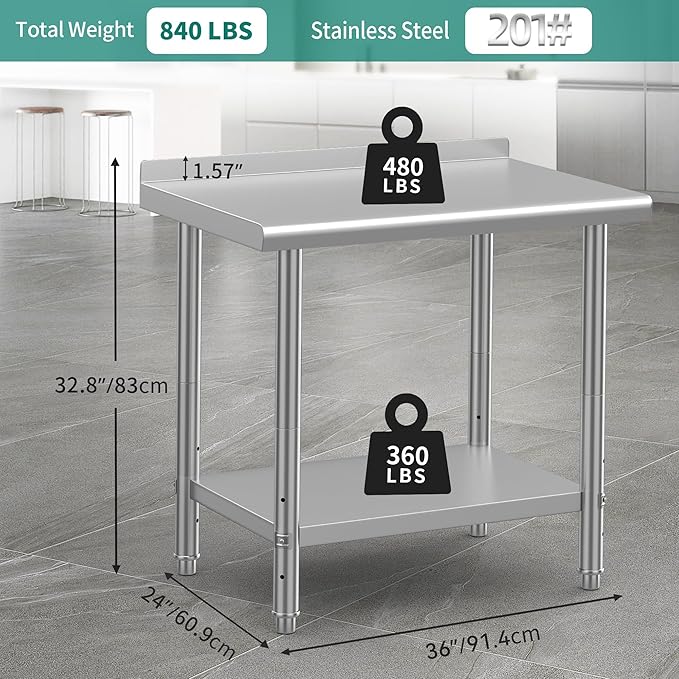 YITAHOME 36" x 24" Stainless Steel Table for Prep & Work with Backsplash, NSF Metal Table Prep Table with Undershelf for Home Kitchen Restaurant Garage Warehouse
