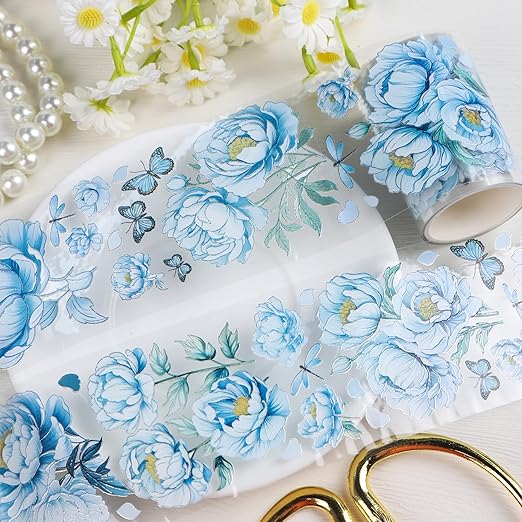 PET Tape Stickers for Journaling - Blue Flower Junk Journal Supplies Scrapbooking Tapes, Aesthetic Peony Flower Bullet Scrapbook Journal Stickers Tape, Decorative Tapes for Art Crafts