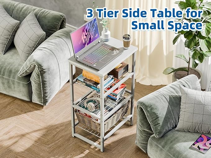 3-Tier Heavy-Duty Printer Stand – Multi-Functional Office Organizer with Wood Top, Perfect for Desk Underneath Storage,White with White Board