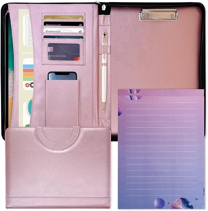 Elegant Portfolio Organizer with Handle, PU Leather Padfolio for Women/Men 13.5 x 10" with Cute Designed Notepad, Portfolio Binder for Business Class Interviews, Portfolio Bag, Portfolio Padfolio