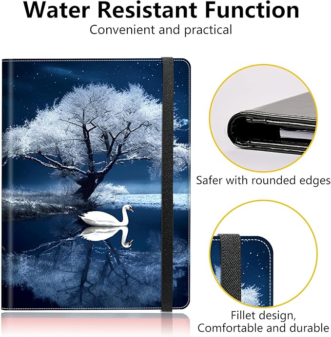 PU Leather Padfolio Clipboard Notepad with Pen Loop and Elastic Strap Interview/Resume Document Organizer for Business School Office,Swan and Tree