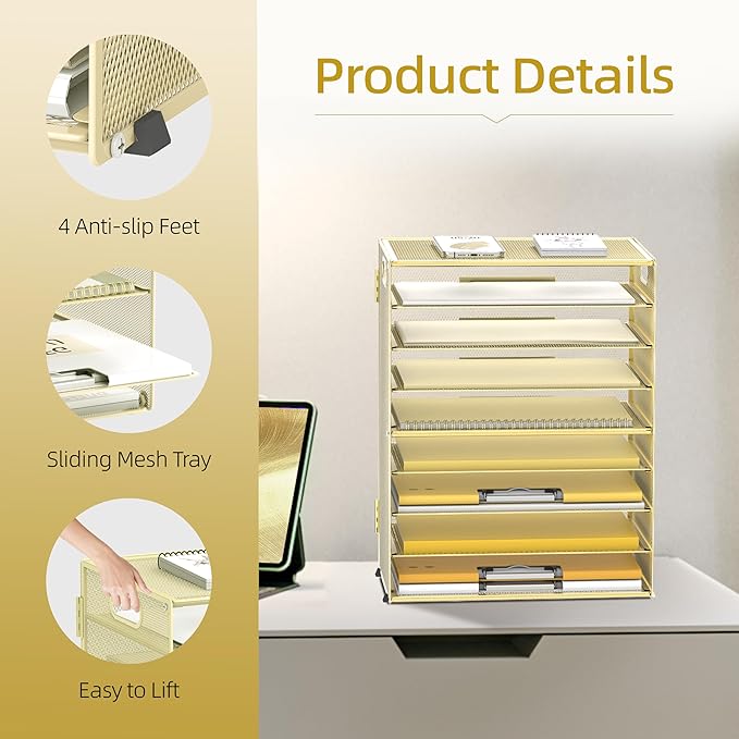DALTACK 9-Tier Paper Letter Tray Desk Organizer with Handles, Mesh File Holder Organization, File Organizer for Desk Paper Sorter for Office Home School, Gold