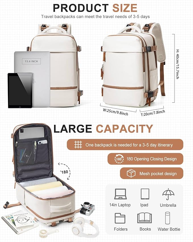 Travel Backpack for Women Men, Flight Approved Carry on Backpack with Shoe Compartment, Waterproof Laptop Backpack Personal Item Travel Bag - Ideal for Weedender, Hiking, Sport & Gym, Beige with Brown