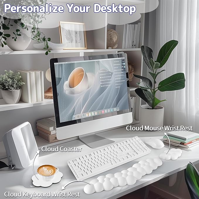 Cloud Wrist Rest Keyboard, Cloud Palm Rest Set with PU Leather Memory Foam, Cute Keyboard Rest for Wrist Support and Arm Rest, Desk Cloud Wrist Pad for PC/Gaming/Hand Cushion/Computer-White