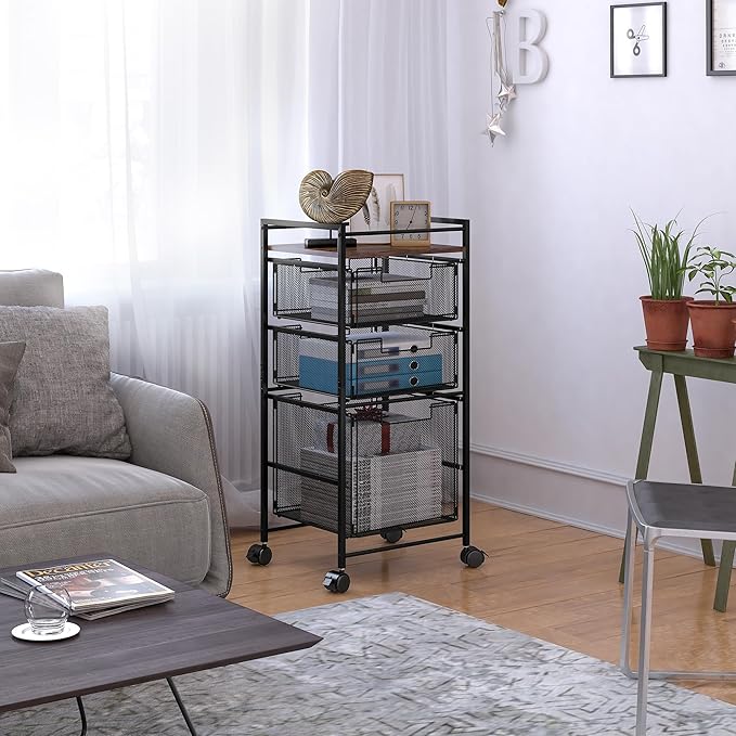 EasyPAG Rolling File Cabinet, Metal File Organizer Storage Cart, Mobile File Cart with Removable Drawers with 4 Swivel Casters Rolling Wheels Cart, 1 File Drawer and 2 Small Drawers, Black