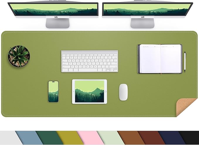 Leather Desk pad Protector, Large Desk mat with Natural Cork & PU Leather,Mouse pad,Non-Slip Office Desk Mat,Waterproof Desk Writing Pad for Office and Home (47in*17in, Olive Green)