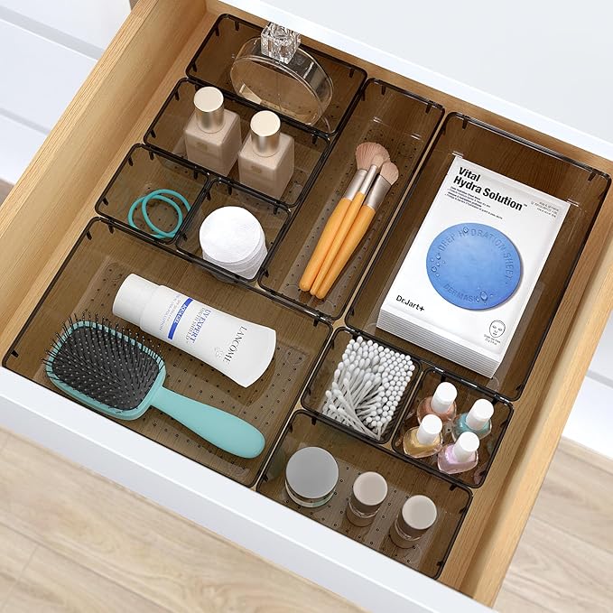 13 PCS Clear Plastic Drawer Organizers Set, 4 Size Desk Drawer Organizer Trays for Makeup, Jewelry, Kitchen Utensils, Gadgets and Office Accessories, Black