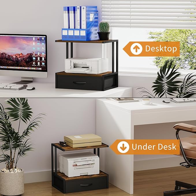 Printer Stand with Storage for Desk, with Fabric Drawer Desktop Printer Stand Shelf Organzier for Home Office, for Above and Under Desk Printer Table, Fax Machine Copier Scanner, Rustic Brown