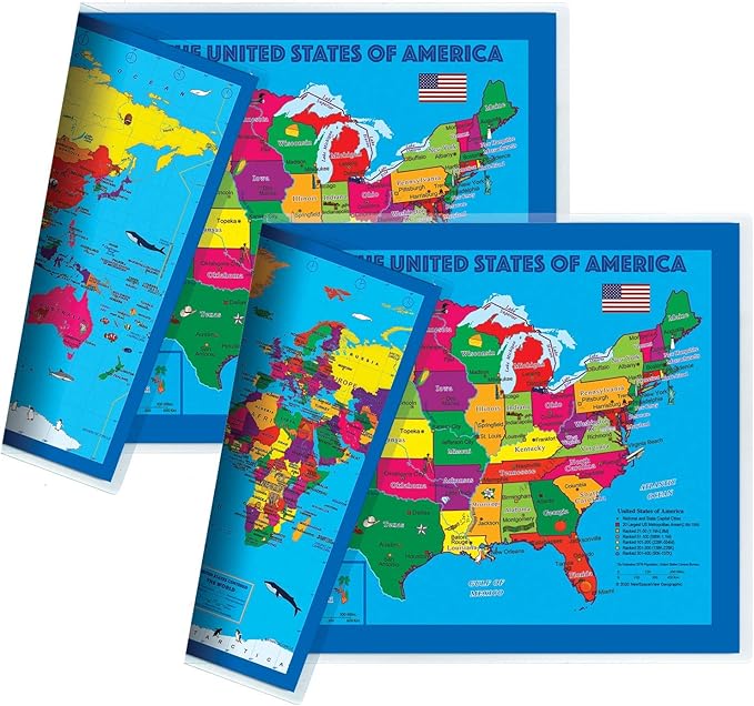 2-Sided Desk Map with Durable Lamination (2 Children's Desk Maps: One US/US Centered World Map; One US/Europe Centered World Map)