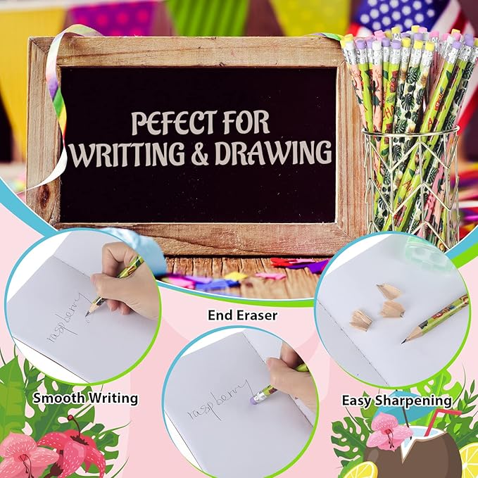 Geyee 36 Pcs Space Pencils Hawaiian Shark Themed Party Favors Assorted Novelty Fun Wood Writing Pencils with Erasers for Birthday Party Teacher Supplies(Hawaiian)