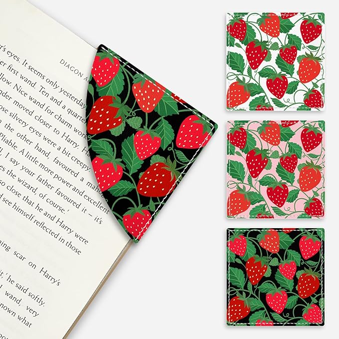 Strawberry Corner Bookmarks, Cute Leather Book Accessories for Book Lovers, 3 Pcs Reading Book Page Markers for Women Men Student Teacher Girls Boys Kids Retirement Birthday Gifts
