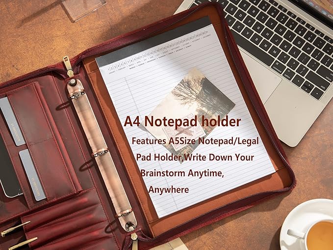 AZXCG Leather Portfolio Organizer, 3 Ring Binder Padfolio Folder, Resume Zippered Folio for A4/Letter Size Notepad, Business Binder Portfolio with Zipper for 13" Laptop, Gift for Women, Red