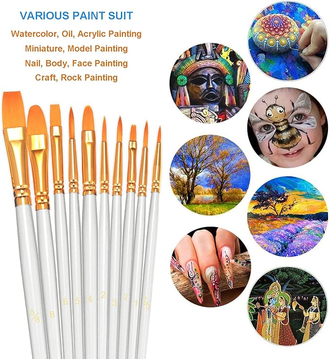 BOSOBO Paint Brushes Set, 10 Pack 100 Pcs Round Pointed Tip Paintbrushes Nylon Hair Artist Acrylic Paint Brushes for Acrylic Oil Watercolor, Face Nail Art, Miniature Detailing & Rock Painting, White