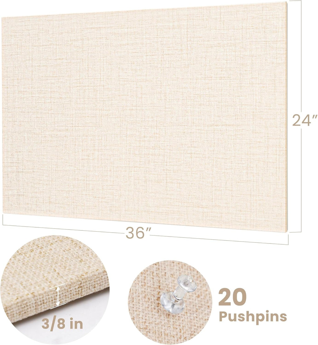 Bulletin Board 36 x 24 inches, 3' x 2' Linen Board for Wall, Decorative Fabric Pin Board with Safe Removable Adhesive Tapes for Home and Office, Includes 20 Push Pins-Light Yellow Stripes