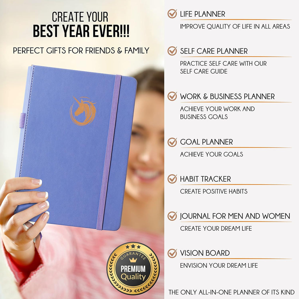 Life Planner - Undated Daily, Weekly & Monthly Planner with Budget Section | A 12 Month Journey to Increase Productivity & Happiness | Life Organizer & Gratitude Journal - Horizontal Format