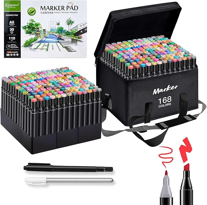 Alcohol Based Ink Art Markers, 168 Colors Broad&Fine Dual Tip Permanent Markers Pen Set for Professional Student Child Coloring Illustrations Sketch Drawing Painting Card Making (Black)