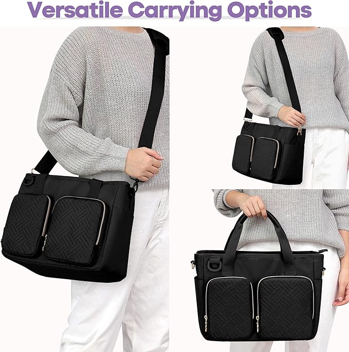 Teamoy Bible Tote Bag for Women, Bible Cover Carrying Case Church Bag with Water Bottle Pocket and Shoulder Strap, Black Quilted