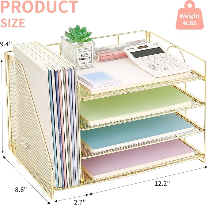 OPNCIE Desk Organizers and Accessories, 4 Tier Paper Letter Tray File Organizer, Office Organization Storage Desk Accessories Workspace Desktop Organizer for Classroom Office Supplies Decor, Gold