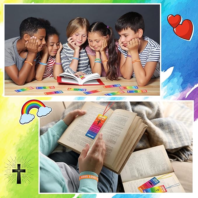 30 Sets/ 60 Pcs Jesus Loves Me Wristbands with John 3: 16 Religious Christian Bookmarks Gift, Include 30 VBS Bible Verse Rubber Wristbands 30 Inspirational Cross Bookmark for Sunday School