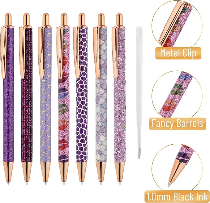 Mr. Pen- Fancy Pens for Women, 7 Black Ink Ballpoint Pens with 10 Refills, 1.0mm, Elegant in Purple, Glitter Cute Pens for Journaling, Sparkly Fancy Pen, Easter Gift