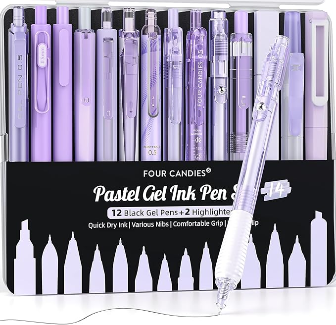 Four Candies 14Pack Pastel Gel Ink Pen Set,Cute Retractable 0.5mm Fine Point Pen,Note Taking Aesthetic Pens,12 Pack Black Ink Pens with 2Pcs Highlighter, Smooth Writing Pens for School, Office(Purple)
