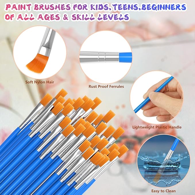 Paint Brushes Set for Acrylic Painting, 30 Pcs Art Paint Brush Flat Acrylic Painting Brush, Nylon Paint Brushes for Kids Adults Oil Watercolor Rock Painting Body Face Nail Art