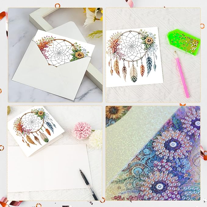 Tontut 6pcs Diamond Art Painting Kit Greeting Card, Feather Dreamcatcher 5D DIY Diamond Handmade Holiday Glitter Greeting Card with Envelope, Holiday Gift Congratulation