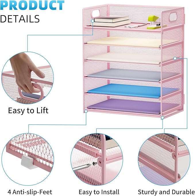 Marbrasse 6 Tier Paper Organizer Letter Tray - Mesh Desk File Organizer with Handle, Paper Sorter Organizer for Letter/A4 Office File Folder Holder - Pink