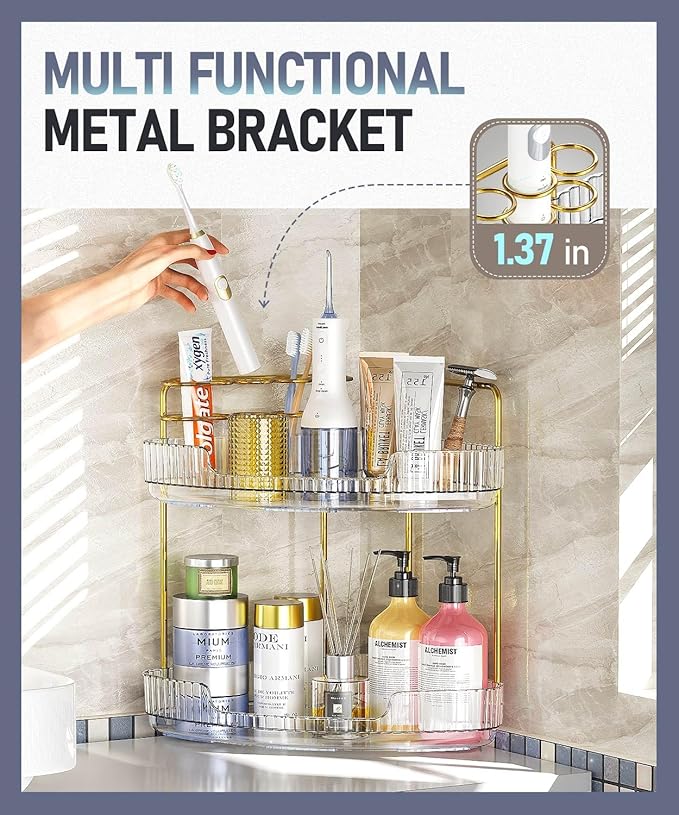 2-Tier Corner Bathroom Counter Organizer Makeup Cosmetic Storage, Tool-Free Installation Acrylic Vanity Shelf, Skin Care Organizer Perfume Tray for Countertop Bathroom, Dresser, Kitchen (Clear)