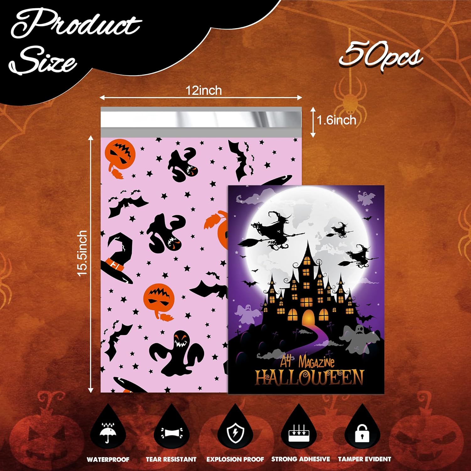 Halloween Poly Mailer 12x15.5 Inch 50 Pcs, Waterproof Shipping Bags for Clothing, Tear-Resistant Mailier Bags, Strong Mailing Bags with Self-Seal - Purple