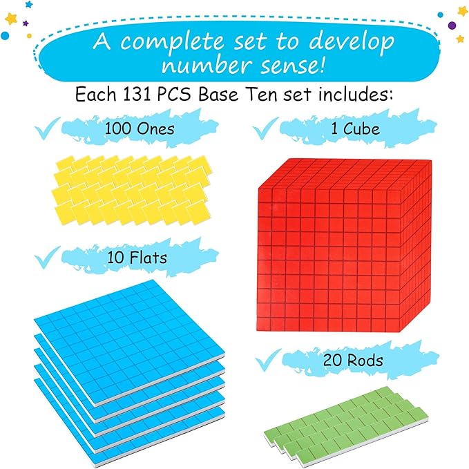 131 PCS Jumbo Magnetic Base Ten Blocks for Math - Place Value Blocks, Base 10 Math Manipulatives K-3, Number Blocks, Math Counters for Kids, Math Cubes, Counting Blocks, Kindergarten 1st 2nd 3rd Grade