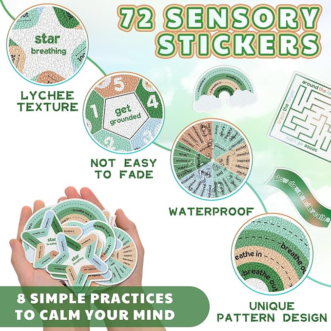 Libima 72 Pieces Anxiety Sensory Stickers Anxiety Textured Stickers Fidget Stickers Mindfulness Sticker School Counselor Supplies Adult Sensory Items Anxiety Relief, 9 Styles (Fresh Color)