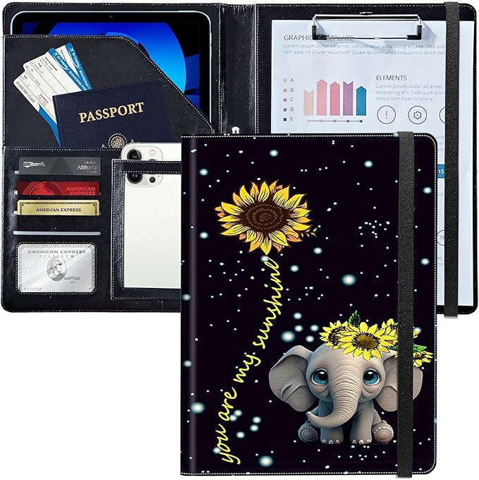 PU Leather Padfolio Folder Clipboard Portfolios Organizer Conference Document Organizer with Business Card Holder Storage Clipboard Writing Pad,Elephant Sunflower