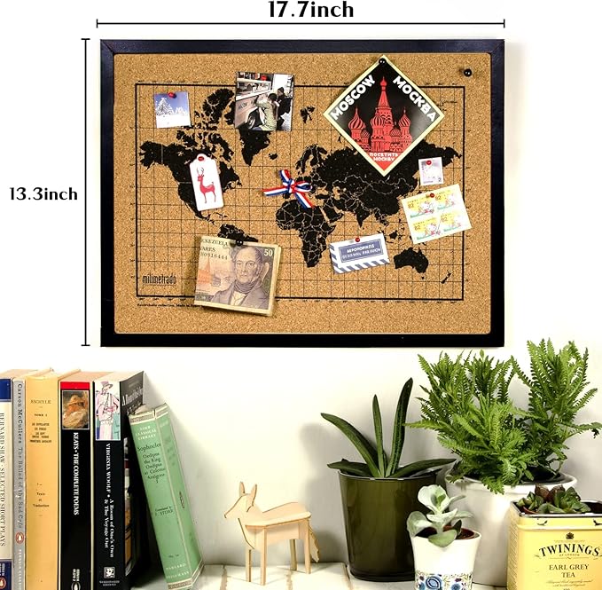 Black Cork Board Bulletin Board, 17.7"X 13.3" pin Boards for Walls, Oak Wood Finish Frame, Wall Mounted Cork Board for Office Home and School(Pins, Eye Bolts, gaskets, Screws)