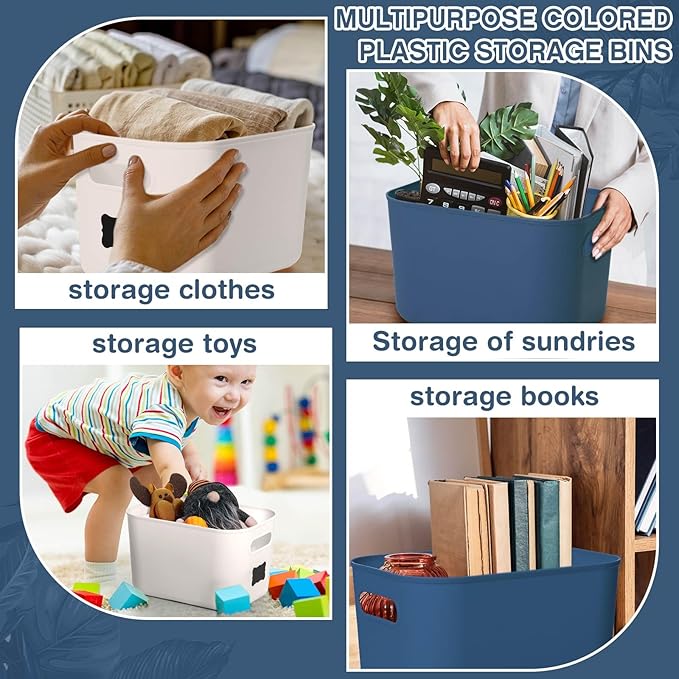 Thyle 12 Pack Plastic Storage Bins with Lids and Handles Colorful Stackable Desktop Storage Box Bins with Marker Label for Office Classroom Cabinet Shelf Drawer Kitchen, 10x7x6 Inch(Blue, White)