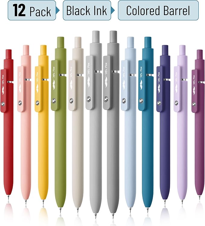 Mr. Pen- Retractable Gel Pens, 12 Pack, Morandi and Vintage Barrels, Black Gel Pens, Fast Dry, Gel Pens Fine Point 0.5mm, Retractable Pens, Cute Pens, Gel Ink Pens, Aesthetic Pens for Journaling
