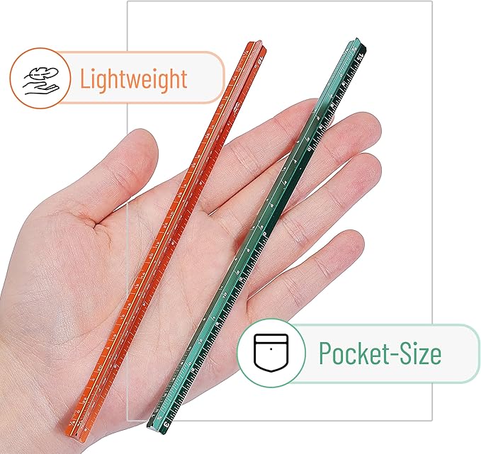 Mr. Pen- Small Architectural Scale Ruler, Aluminium, 6 Inch, 2 Pack, Green and Orange, Pocket Size Ruler, Triangle Ruler, Metal Ruler Set, Architect Scale Ruler for Blueprints