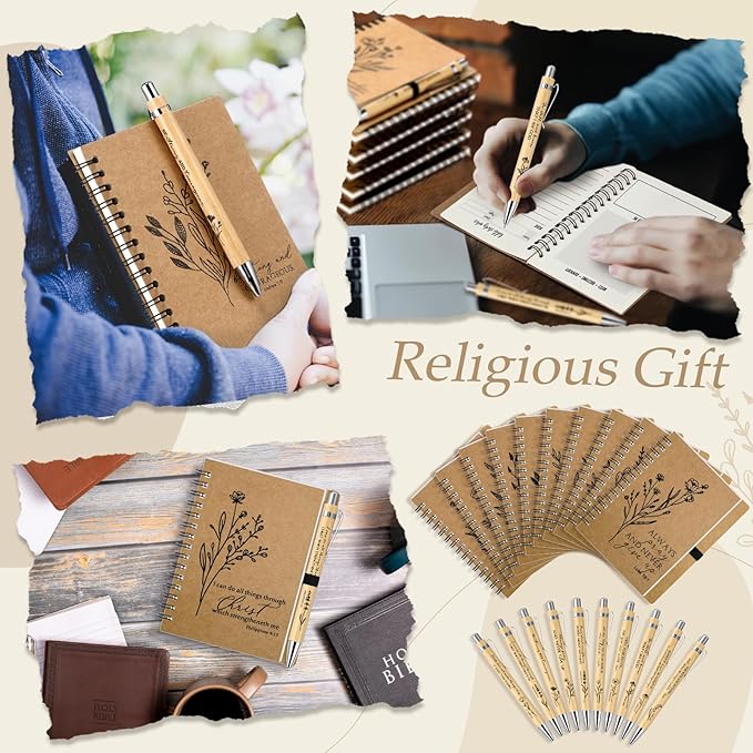100 Pcs Bible Verse Spiral Notebook with Bamboo Christian Ballpoint Pens Aesthetic Religious Notepads Inspirational Journals Easter Christian Gifts for Women Men Office (Special Style)