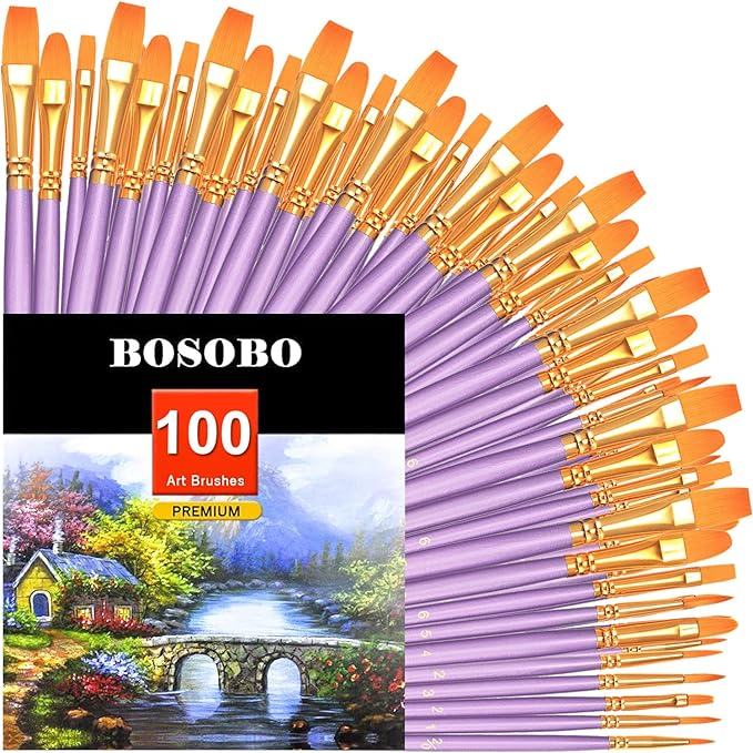 BOSOBO Paint Brushes Set, 10 Pack 100 Pcs Round Pointed Tip Paintbrushes Nylon Hair Artist Acrylic Paint Brushes for Acrylic Oil Watercolor, Face Nail Art, Miniature Detailing & Rock Painting, Purple