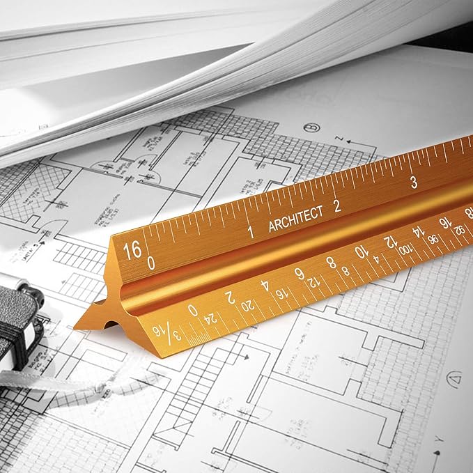 12" Architectural Scale Ruler Aluminum Architect Scale Triangular Scale Ruler for Architects, Draftsman, Students and Engineers, Golden